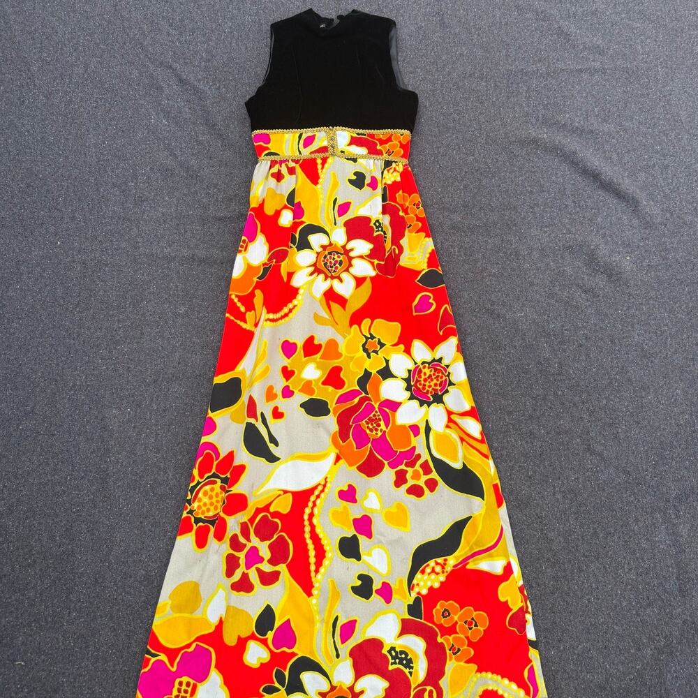 Women's Vintage 70's Velvet Black Bright Yellow Orange Floral Maxi Dress Sz XS